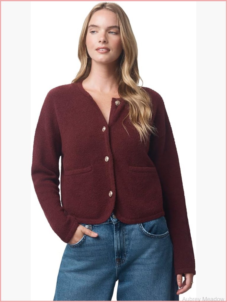 Cropped Boucle Cardigan With Golden Buttons, Long Sleeve, Relaxed Fit